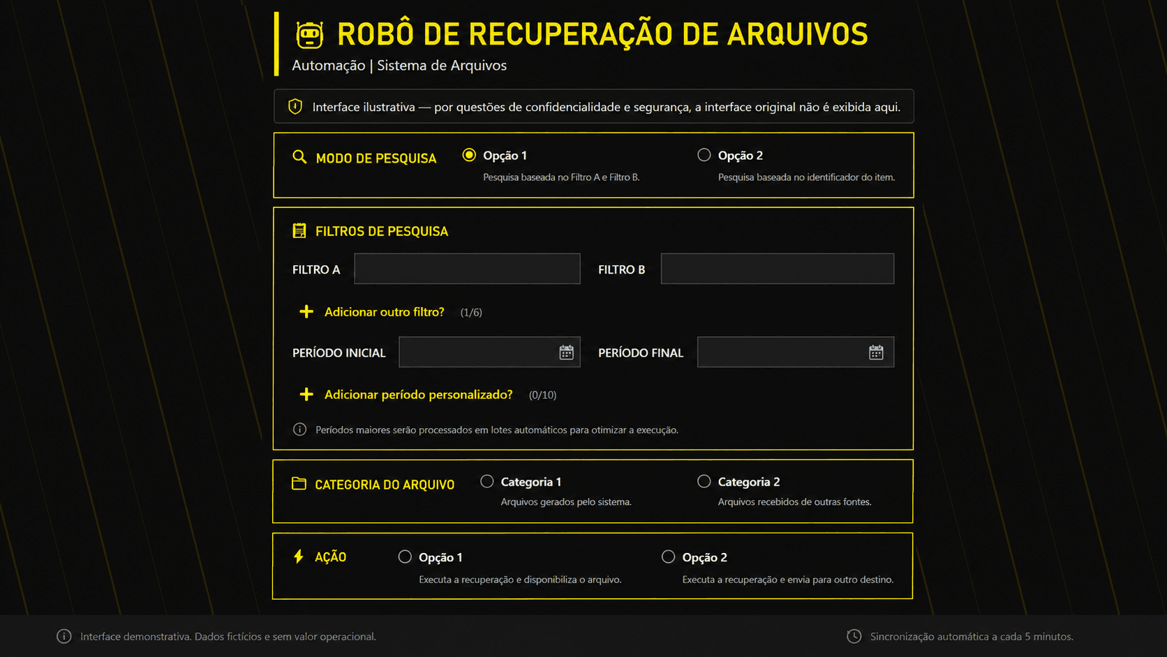 Interface ilustrativa de automação para recuperação de arquivos, com dados internos removidos.