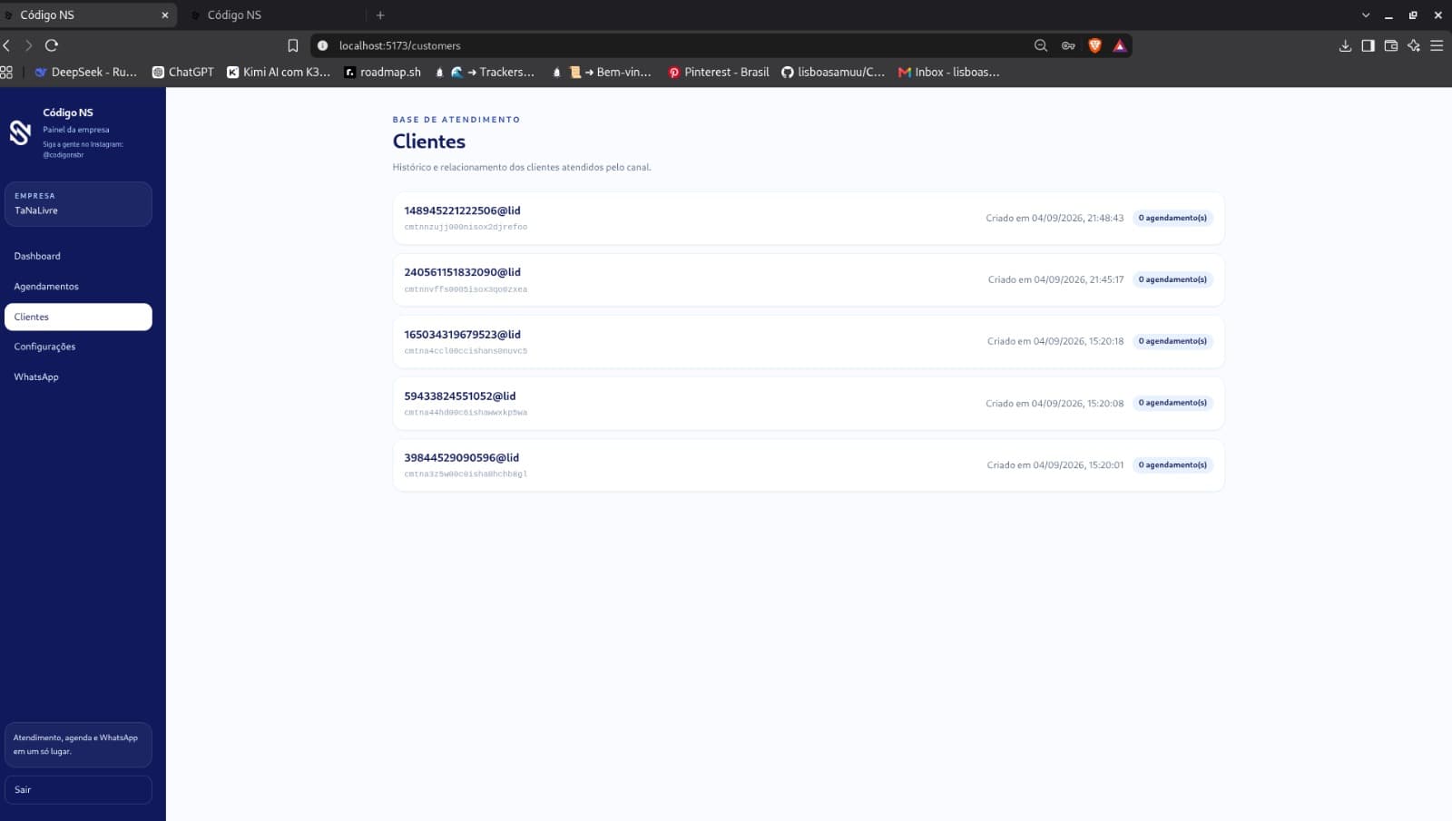 Tela de agendamentos do NS Chat Platform.