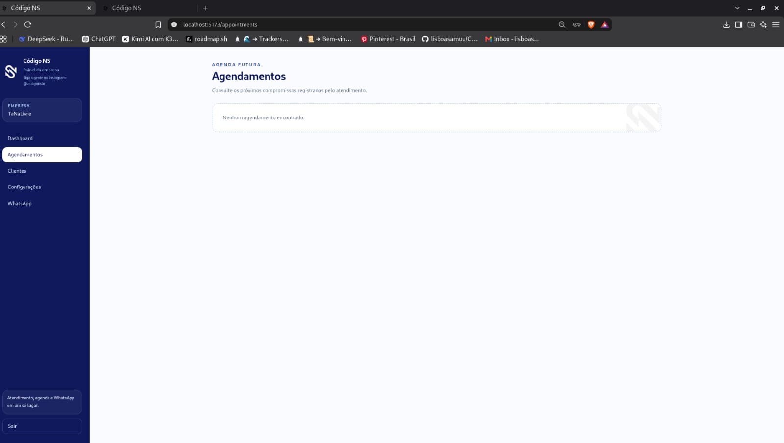 Dashboard do NS Chat Platform com visão geral da aplicação.